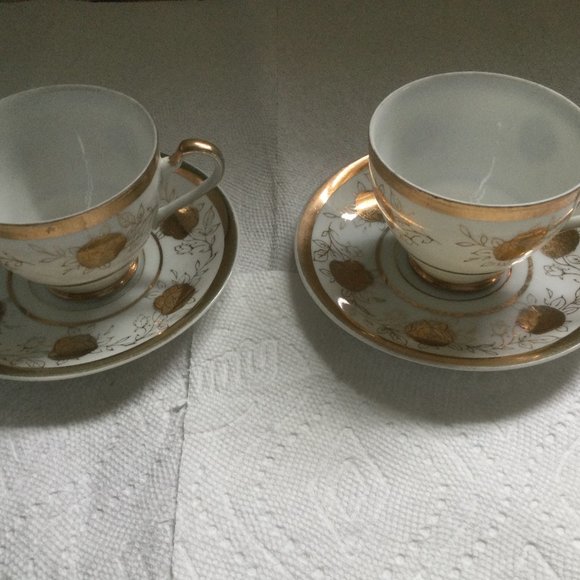 Japanese porcelain tea coffee cup saucer set of two gold - Picture 1 of 5